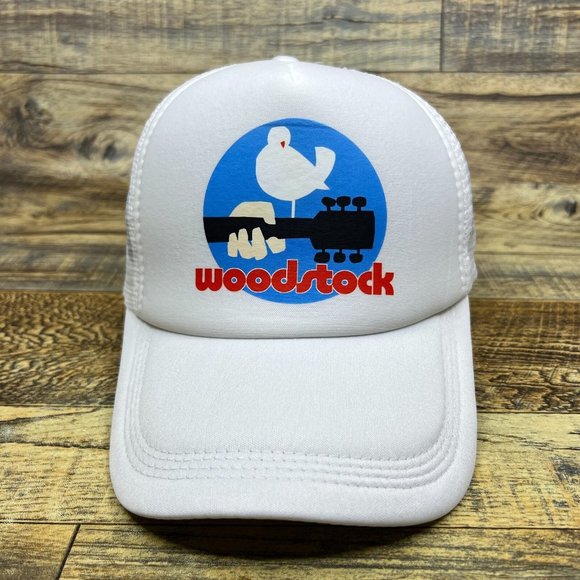 Woodstock Mens Trucker Hat White Snapback 1969 Music Festival Baseball Cap - Picture 2 of 7